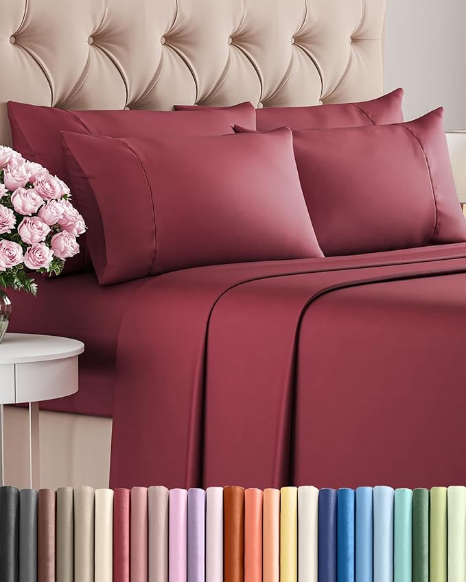 King 6 Piece Sheet Set - Comfy, Breathable & Cooling - Hotel Luxury Bedding for Women, Men, Kids, Teens and Children - 1 Flat & 1 Fitted Sheet & 4 Pillowcases w/ Deep Pockets - Wrinkle Free - Burgundy