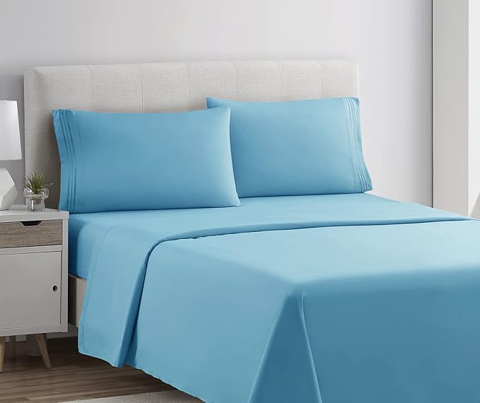 Clara Clark Bed Sheets, Premier 1800 Series 4 Piece Bed Sheet Set, Deep Pocket, Wrinkle, Fade, Stain Resistant, Luxury Soft Bedding Sheets & Pillowcases, California King, Beach Blue
