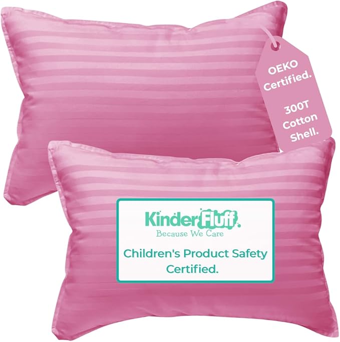 kinder Fluff Toddler Pillow 2X–Certified Hypoallergenic Award Winning Baby Pillow (no Pillowcase Needed) 300TC Pure Cotton Shell and Down Alternative Fill. Toddler Bedding Kids Pillow 2+ Pink