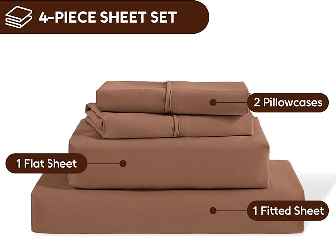 Queen Sheet Set, 4 Pieces Hotel Luxury Soft Microfiber Queen Bed Sheets Set, Up to 16" Deep Pockets, Oeko-Tex Sheets with Elastic, Breathable, Wrinkle Free (Brown,Queen)