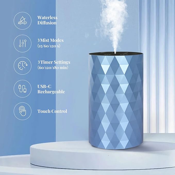 Waterless Essential Oil Diffuser - Portable Aromatherapy Scent Machine with 3 Mist Modes, 72Hr Battery, Quiet Operation for Home Office Car, Ice Blue