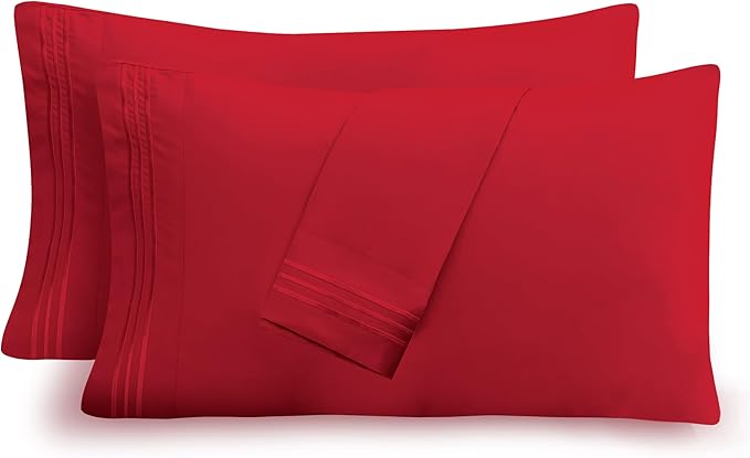 Mocassi 2-Piece Premium Standard/Queen Pillowcase Set 1800 Series Hotel Quality Microfiber - Soft and Breathable with 3-Line Embroidery Wrinkle and Stain Resistant, Easy Care, 20" x 30", Red