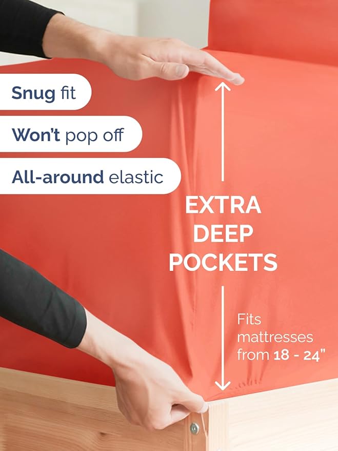 Extra Deep Cal King Sheet Set - 4 Piece Breathable & Cooling Bed Sheets - Easily Fits 18 to 24 inch Mattress - Ultra Soft, Wrinkle & Fade Free with Extra Deep Pockets - Hotel Luxury Bedding - Coral
