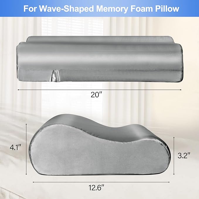 Satin Pillowcase for Contour Memory Foam Pillows, 20" x 12.6" x 4.1"/3.2" Cervical Pillow Case, Soft Covers with Envelop Closure (Grey)