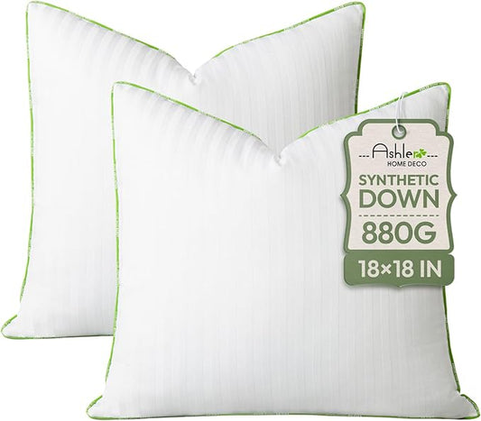 Ashler Home Deco Synthetic Down Pillow Inserts, 18x18 Down Alternative Throw Pillows Insert Sleeping Pillows with 100% Cotton Cover Decorative Pillow Stuffer for Sofa, Couch Bed(Set of 2, White)