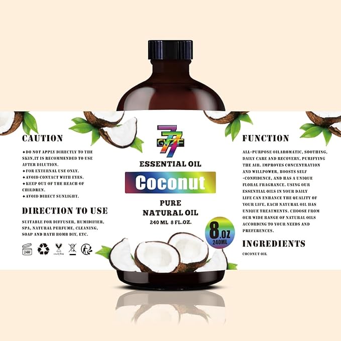 Coconut Essential Oil - Coconut Oils for Diffusers, Humidifiers, DIY Candles, Soap, Cleaning, Home, Office, Yoga, Massage, Gifts - 8 fl oz (240 ml) - GV77ZF