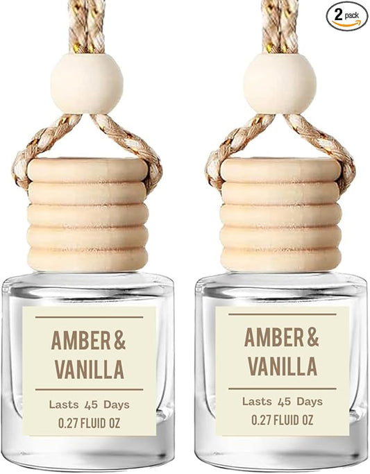 Amber & Vanilla Hanging Car Air Freshener – Long Lasting Essential Oil Diffuser for Car, Closet, Bathroom – 2-Pack Natural Scent Deodorizer