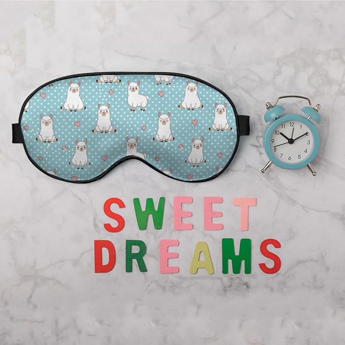 Cute Alpaca Silk Eye Mask Sleep Mask Red Heart White Llama Dots Cartoon Eye Mask with Adjustable Strap Lightweight for Women Work Travel Night Sleep