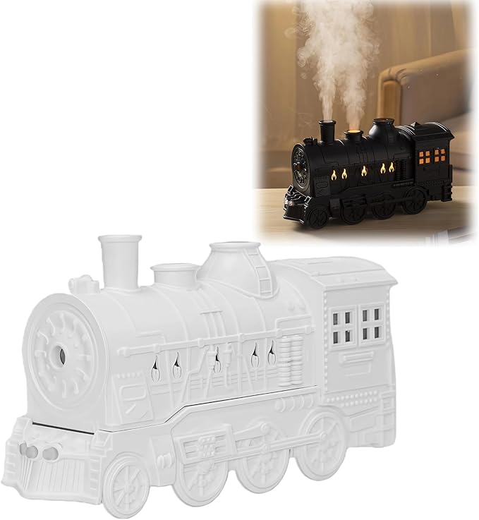300ML Vintage Train Diffuser & Cool Mist Humidifier with Steam Effect, Remote Control, Dual Modes & Warm Blue LED Light (White, Without remote control)