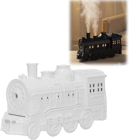 300ML Vintage Train Diffuser & Cool Mist Humidifier with Steam Effect, Remote Control, Dual Modes & Warm Blue LED Light (White, Without remote control)