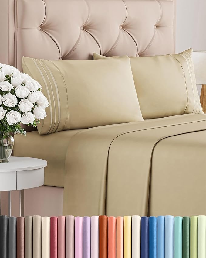 Full Size 4 Piece Sheet Set - Comfy Breathable & Cooling Sheets - Hotel Luxury Bed Sheets for Women & Men - Deep Pockets, Easy-Fit, Extra Soft and Wrinkle Free Sheets - Beige Oeko-Tex Bed Sheet Set
