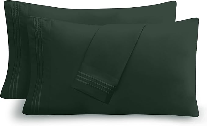 Mocassi 2-Piece Premium King Pillowcase Set 1800 Series Hotel Quality Microfiber - Soft and Breathable with 3-Line Embroidery Wrinkle and Stain Resistant, Easy Care, 20" x 40", Forest Green