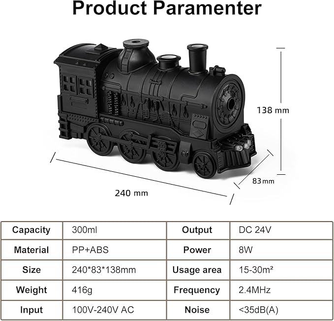 Train Humidifiers, Dual Mist Outlets, 300ml Capacity, Jellyfish shaped Cool Mist Train Humidifier, Aroma Diffuser, Mist Humidifiers with 2/8 Hours Timing Function (Black)