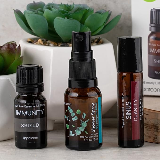 SpaRoom Immunity Travel Kit, Immunity Essential Oil Blend, Eucalyptus Mint Shower Spray, Sinus Topical Roll-on