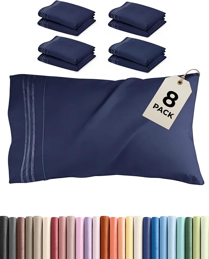 King Pillow Cases Set of 8 - Ultra Soft Hotel Quality Pillowcase Covers - Comfy. Cozy & Wrinkle Free - Shrink, Stain and Fade Resistant - Machine Washable Pillow Protectors - 8 Piece Set - Navy Blue