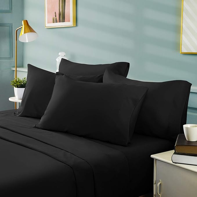 BYSURE 6 Pieces Bed Sheets Set(Full, Black) - Hotel Luxury Super Soft 1800 Thread Count 100% Microfiber Sheets with Deep Pockets, Wrinkle & Fade Resistant