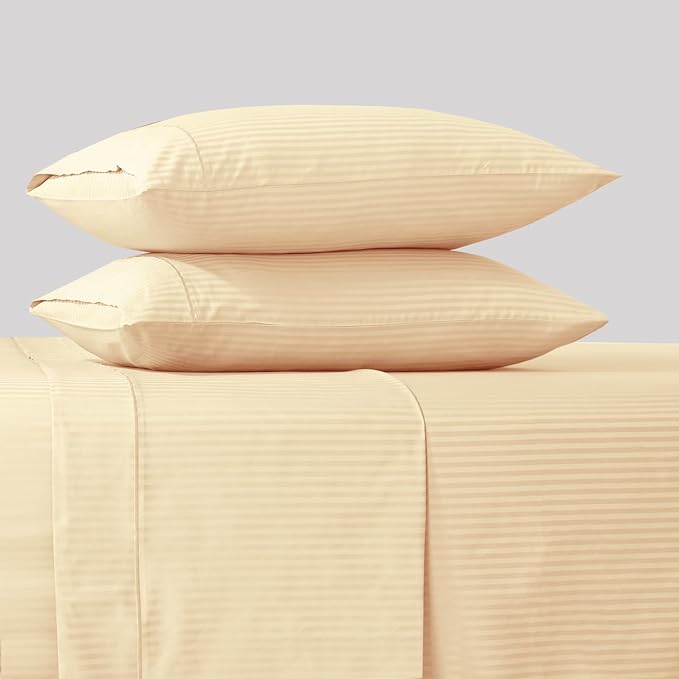 Feather & Stitch 500 TC Full Size Damask Bed Sheet Set, 100% Cotton Soft Breathable Bedsheets, 4 Piece 18" Deep Pockets Sateen Weave Striped Bedding Mattress Resort Hotel Luxury - (Semolina Stripe)