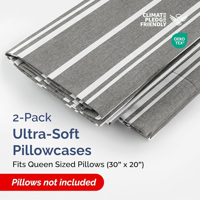 Queen Pillow Cases Set of 2 - Ultra Soft Hotel Quality Pillowcase Covers - Comfy, Cozy & Wrinkle Free - Shrinkage and Fade Resistant - Machine Washable Pillow Protectors - 2 Piece Set - Grey Stripes 3