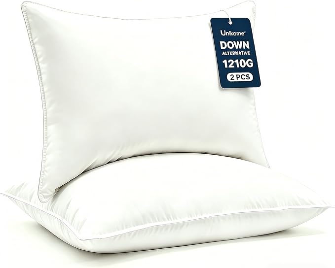 UNIKOME Ultra Soft Pillows Standard Size Set of 2 - Hotel Collection Luxury 100% Cotton Cover Down Alternative Bed Pillow, Fluffy Pillows for Back, Stomach or Side Sleepers