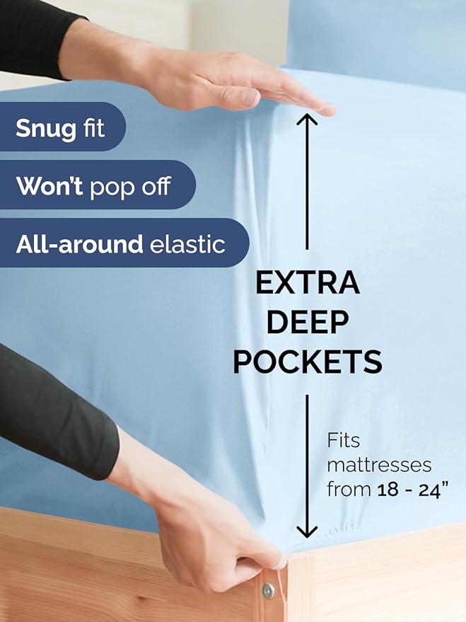 Extra Deep Cal King Sheet Set - 4 Piece Breathable & Cooling Bed Sheets - Easily Fits 18 to 24 inch Mattress - Ultra Soft, Wrinkle & Fade Free w/ Extra Deep Pockets - Hotel Luxury Bedding - Light Blue