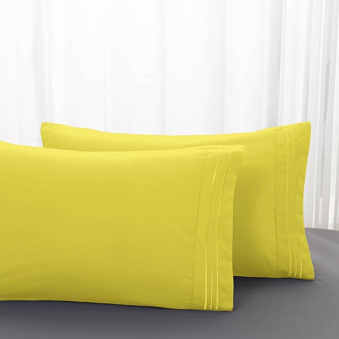 Mocassi 2-Piece Premium Standard/Queen Pillowcase Set 1800 Series Hotel Quality Microfiber - Soft and Breathable with 3-Line Embroidery Wrinkle and Stain Resistant, Easy Care, 20" x 30", Yellow