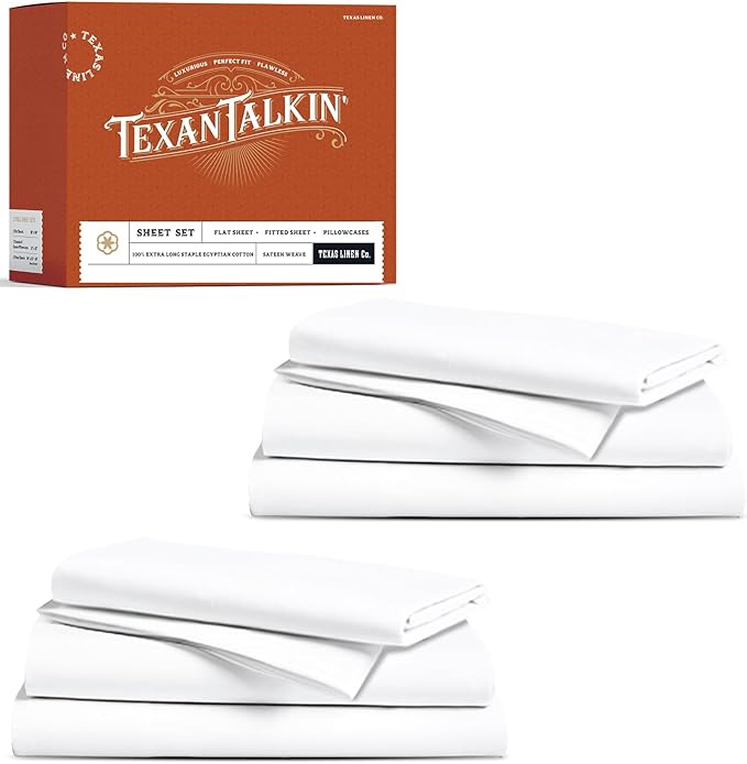 TEXAS LINEN CO. 100% Egyptian Cotton Twin Size Sheets Pack of 2 - Luxury Texan Talkin' Collection 600 Series Egyptian Cotton Sheets Twin Size (6 PC, White), 16" Deep Pocket College Dorm Bed Sheet Set