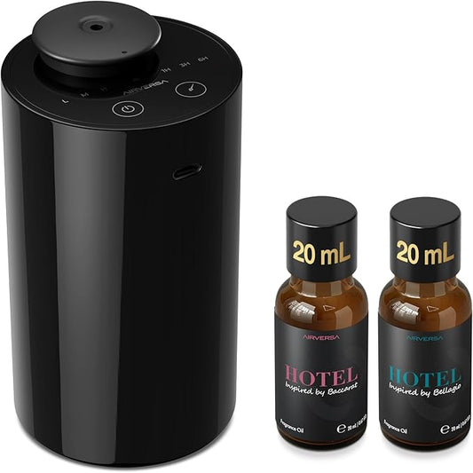 Airversa Waterless Essential Oil Diffuser Starter Kit with 2x20mL Hotel Fragrance Oils for Car Home Office, Cordless Battery Operated Scent Air Cool Mist Diffuser, Mist/Timers, Gift for Mom, Black Kit