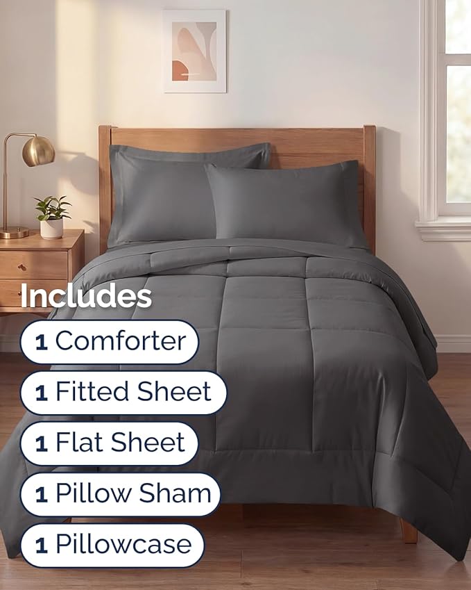 Twin XL Comforter Set - 5 Piece Bed in a Bag Twin XL Size Bed Set - Down Alternative Comforter, Flat Sheet, Fitted Sheet, Pillowcase & Sham for All Seasons - Ultra Soft, Comfy, Breathable - Dark Grey