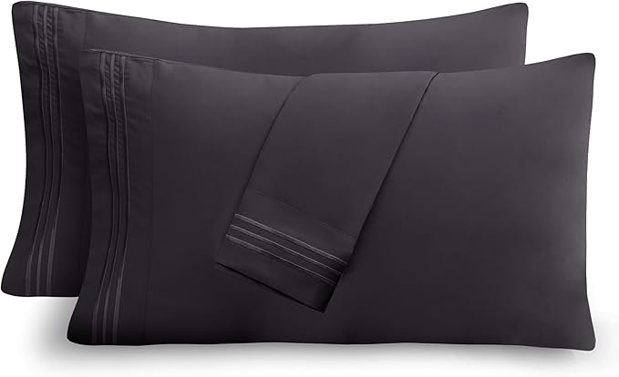 Mocassi 2-Piece Premium King Pillowcase Set 1800 Series Hotel Quality Microfiber - Soft and Breathable with 3-Line Embroidery Wrinkle and Stain Resistant, Easy Care, 20" x 40", Black