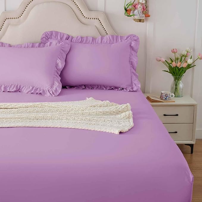 Homiest 3-Pieces Ruffle Pillow Case & Fitted Sheet Set, Lavender Full Sheets with 2 Ruffled Pillow Shams, 15 Inch Deep Pocket, Cute & Coquette Microfiber Bed Set for Decorating Bedroom Hotel