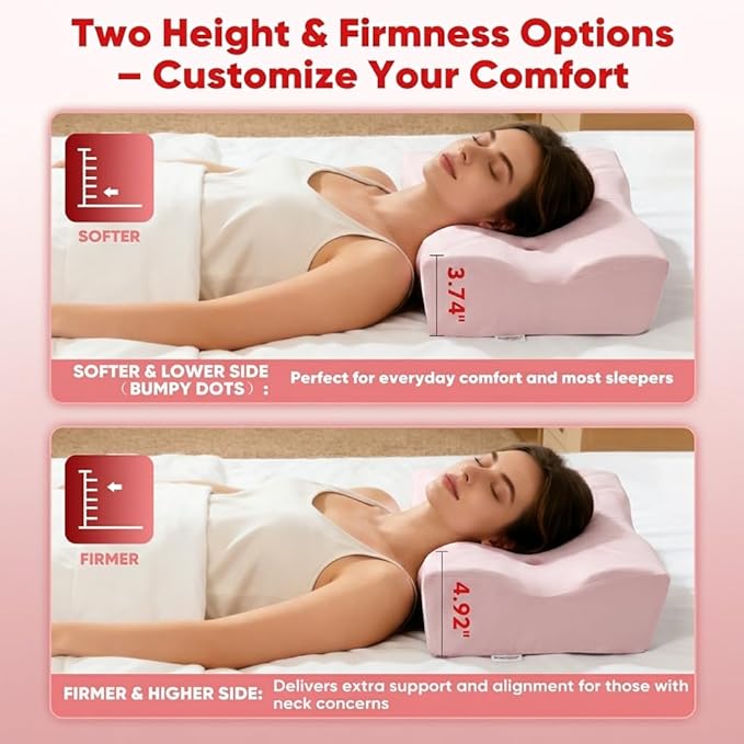 DOBUONO Cervical Neck Pillow - Side Sleeper Pillow for Neck Pain Relief, Odorless Memory Foam Pillow with Cooling Cover & Dual Height, Ergonomic Contour for Neck & Shoulder Support, Pink