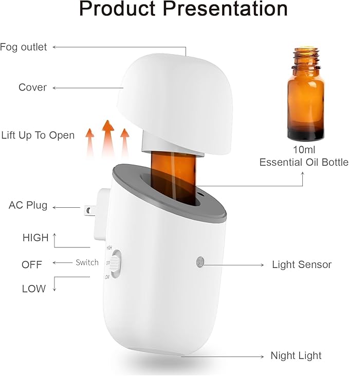 Plug in Waterless Diffuser, Essential Oil Diffuser for Home, Office, Up to 500 Sq. FT Coverage, Small Plug in Wall Waterless Diffuser for Scent Air