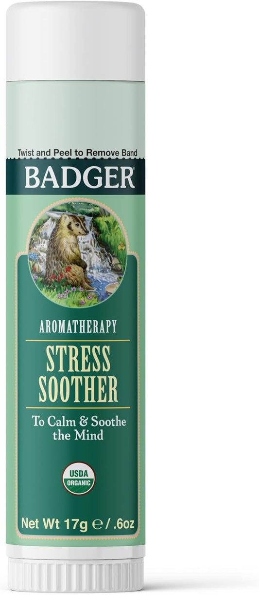 Badger Stress Soother Balm, Organic Essential Oil Aromatherapy, Calm & Soothe the Mind, Easy to Use Portable Stick, Effective Self Care, .6 oz