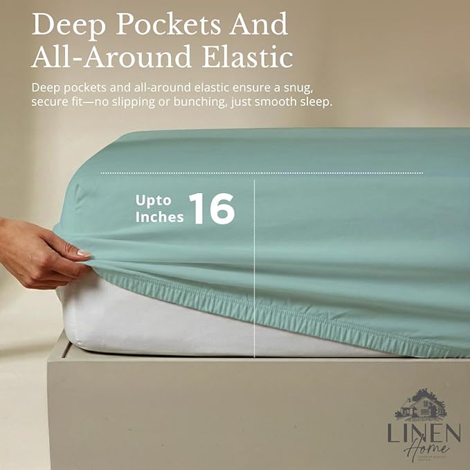 Linen Home 100% Cotton Percale Sheets Twin Size, Aqua Blue, Deep Pocket, 3 Pieces Set - 1 Flat, 1 Deep Pocket Fitted Sheet and 1 Pillowcase, Crisp Cool and Strong Bed Linen