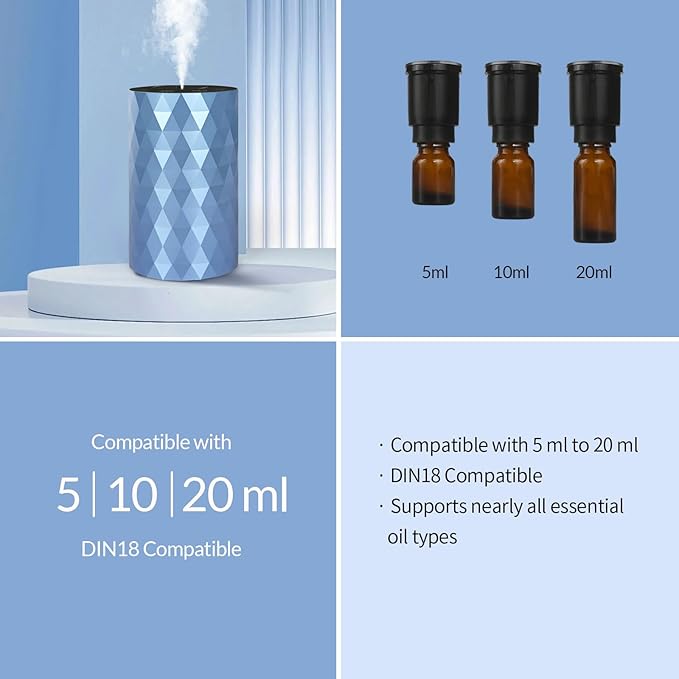 Waterless Essential Oil Diffuser - Portable Aromatherapy Scent Machine with 3 Mist Modes, 72Hr Battery, Quiet Operation for Home Office Car, Ice Blue