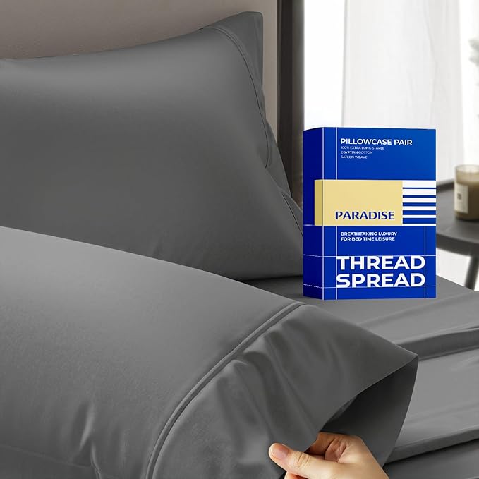 Thread Spread 100% Egyptian Cotton Pillow Cases Queen Size Set of 2 - Luxury 1000 Series Paradise Collection Queen Pillow Cases (Dark Grey), Soft Cooling Sateen Hotel Egyptian Cotton Pillowcases