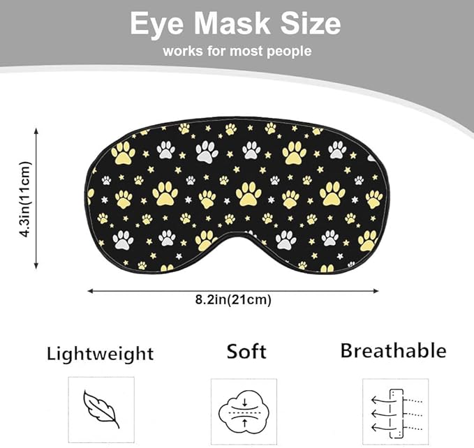 Dog Paw Sleep Eye Mask Eye Cover Gold Animal Paw Print Star Black Silk Eye Mask for Sleeping with Adjustable Strap for Travel Nap Shift Work Office