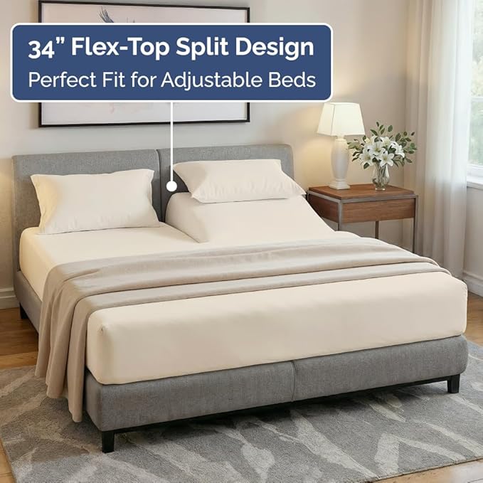 Flex Top Split Head King 4 Piece Sheet Set - Soft, Breathable & Cooling Bed Sheets Set - Hotel Luxury Bedding for Women & Men with Deep Pockets - Wrinkle Free & Fade Resistant - Oeko-Tex - Off White
