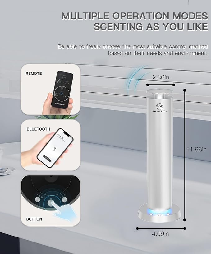 Waterless Diffuser Starter Kit Wireless Scent Machine with LED Light – APP & Remote & Button Control, Home Aromatherapy Quiet Mist 1800 Sq Ft Coverage, Cold Air Essential Oil Diffusers (Silver)