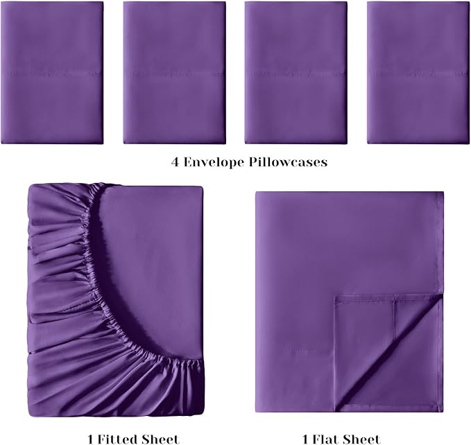 BYSURE 6 Pieces Bed Sheets Set(Queen, Eggplant Purple) - Hotel Luxury Super Soft 1800 Thread Count 100% Microfiber Sheets with Deep Pockets, Wrinkle & Fade Resistant