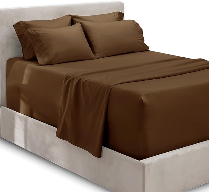 Hearth & Harbor Extra Deep Pocket King Size Sets - Fits Mattress 18-24 Inches Deep - Extra Deep Pocket Sheets - 6 Piece King Size - Brown
