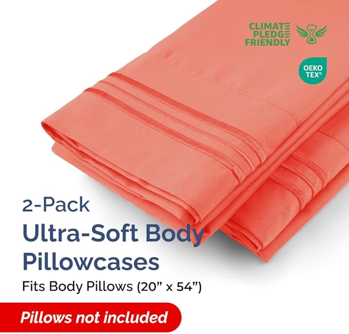 Body Pillowcases Set of 2-20x54 Long Body Pillow Case - Soft Body Pillow Cover for Sleeping & Side Sleepers - Comfy, Wrinkle & Fade Free - Machine Washable w/Envelope Enclosure Coral