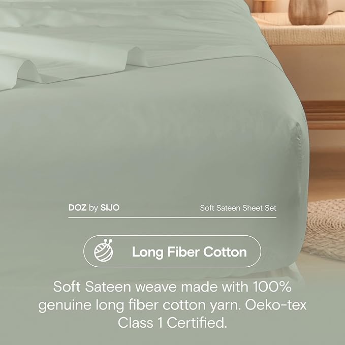 DOZ 100% Long Staple Cotton Duvet Cover Set, Soft Sateen Weave, Smooth, Breathable, Hotel Comfort, 90"x90", 8 Loops, 3pc – 2 Pillowcases 1 Duvet Cover (Sage, Full/Queen)