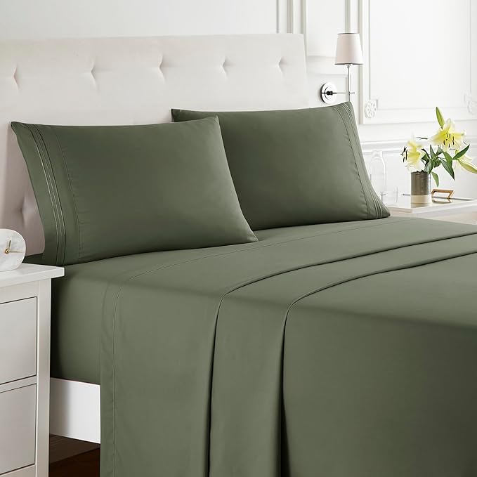 Clara Clark Bed Sheets, Premier 1800 Series Bed Sheet Set, Deep Pocket, Wrinkle, Fade, Stain Resistant, Luxury Soft Bedding Sheets & Pillowcases, King, Olive Green