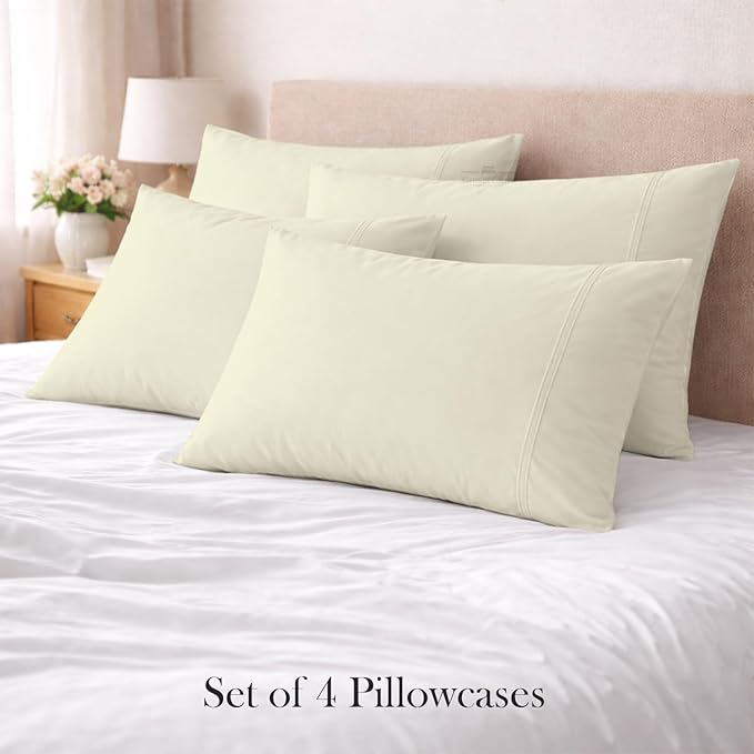 400 Thread Count 100% Egyptian Cotton Queen Size Pillowcases Set of 4, Soft & Breathable Sateen Weave, Envelope Closure, Hotel Luxury Bed Linen, Durable & Fade Resistant, 20"x30", Ivory