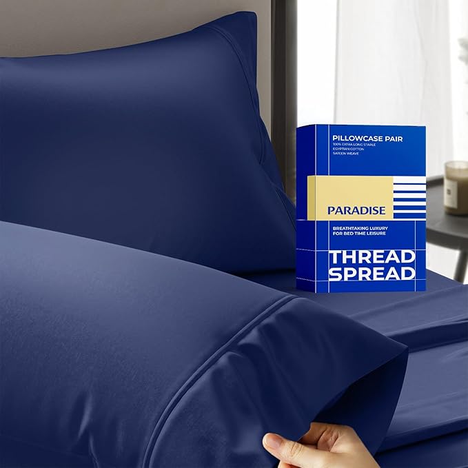 Thread Spread 100% Egyptian Cotton Pillow Cases Queen Size Set of 2 - Luxury 1000 Series Paradise Collection Queen Pillow Cases (Navy Blue), Soft Cooling Sateen Hotel Egyptian Cotton Pillowcases