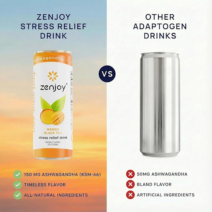 Zenjoy Stress Relief Drink, Calming Black Tea, Non Alcoholic, Ashwagandha & Lemon Balm for Stress Relief, L - Theanine for Focus (12 Pack) (Mango)