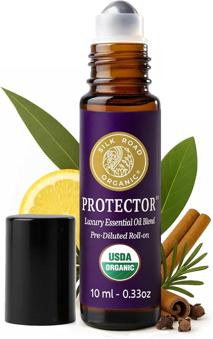 Silk Road Organic Protector Essential Oil Immunity Blend Roll On, Purifying Thieves Oil Formula, 100% Pure USDA Certified Clove Bud, Cinnamon Bark, Rosemary, Lemon, Eucalyptus - 10 ml Roller