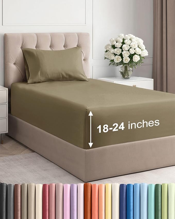 Extra Deep Twin Sheet Set - 3 Piece Breathable & Cooling Bed Sheets - Easily Fits 18 to 24 inch Mattress - Ultra Soft, Wrinkle & Fade Free w/ Extra Deep Pockets - Comfy Hotel Luxury Bedding - Khaki