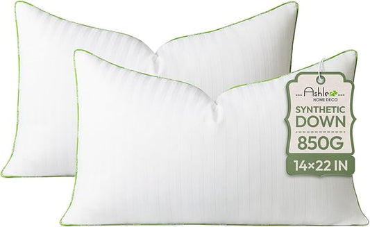 Ashler Home Deco Synthetic Down Pillow Inserts, 14x22 Down Alternative Throw Pillows Insert Sleeping Pillows with 100% Cotton Cover Decorative Pillow Stuffer for Sofa, Couch Bed(Set of 2, White)